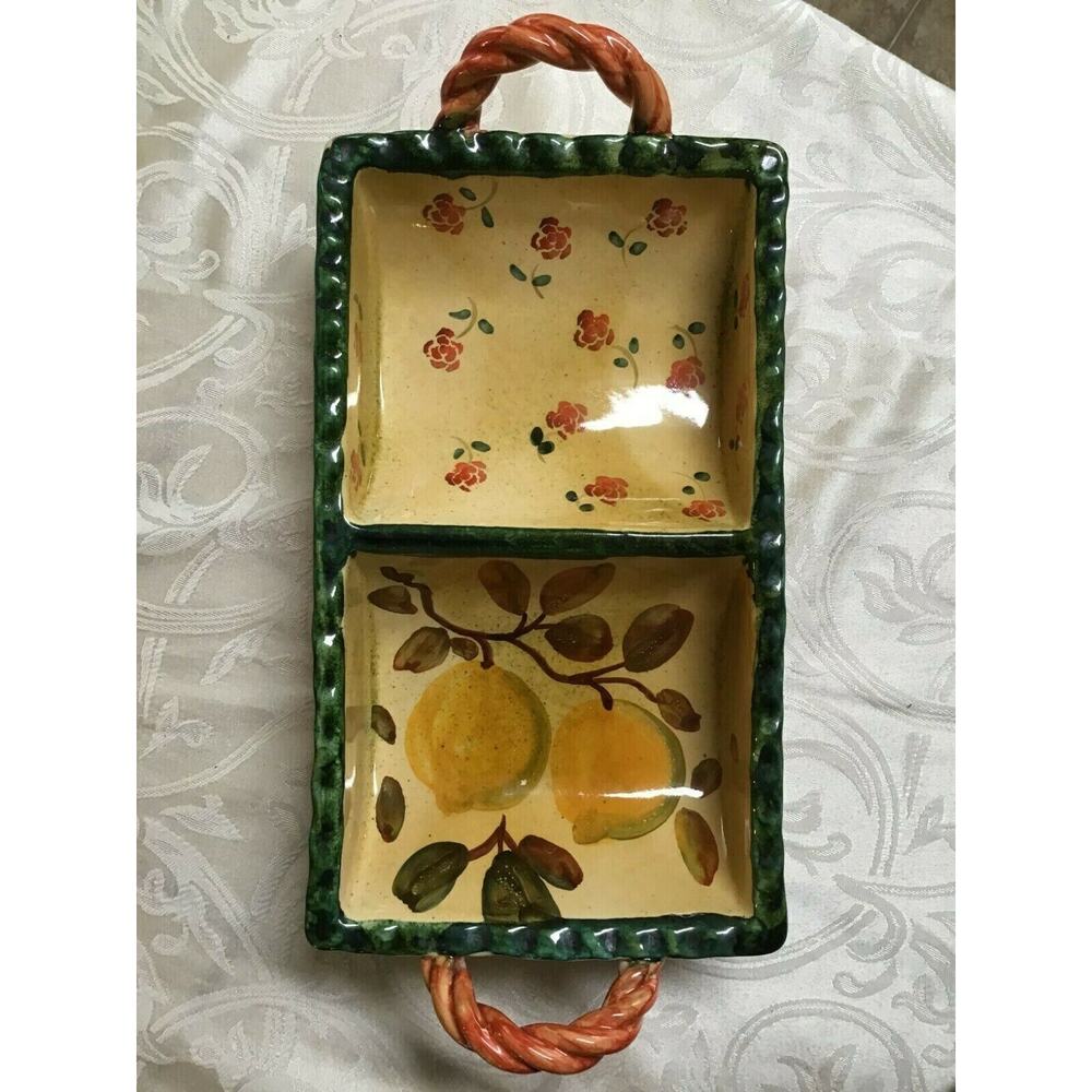 Horchow Divided Serving Dish Tray Hand Painted Stoneware ITALY 16" x 8"